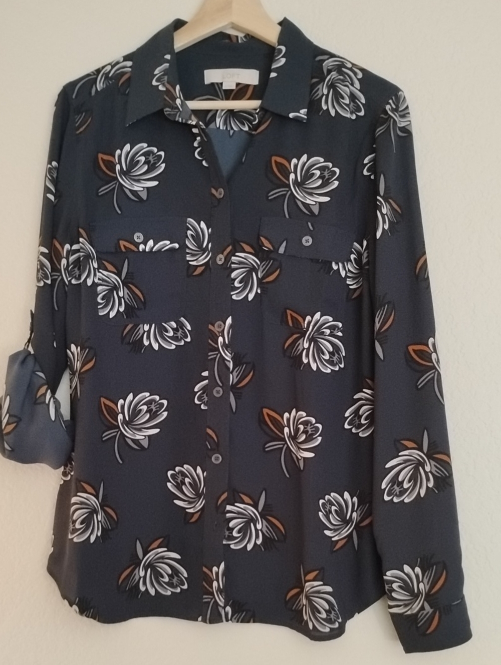 LOFT Navy Floral Button-Down Brown, White & Gray Accents